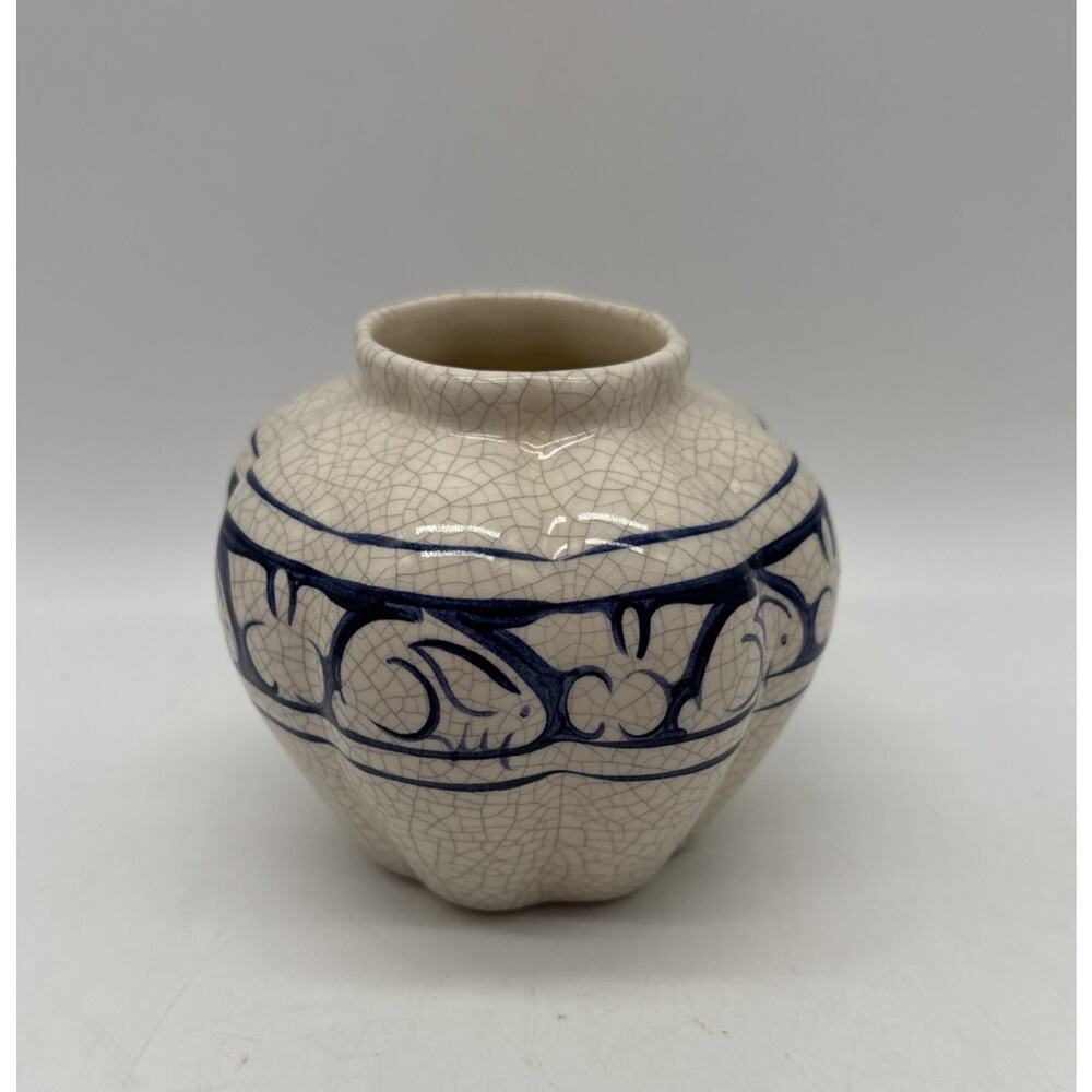 Dedham Pottery Rabbit Potting Shed Ceramic Pumpkin Vase Blue Crackle Glaze Bunny